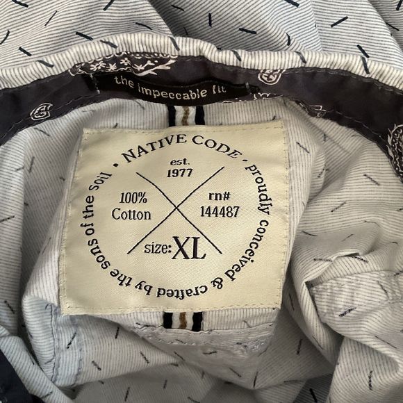 Men’s Native Code Blue Geometric Button Front Cotton Casual Shirt Long Sleeve XL - Picture 10 of 12